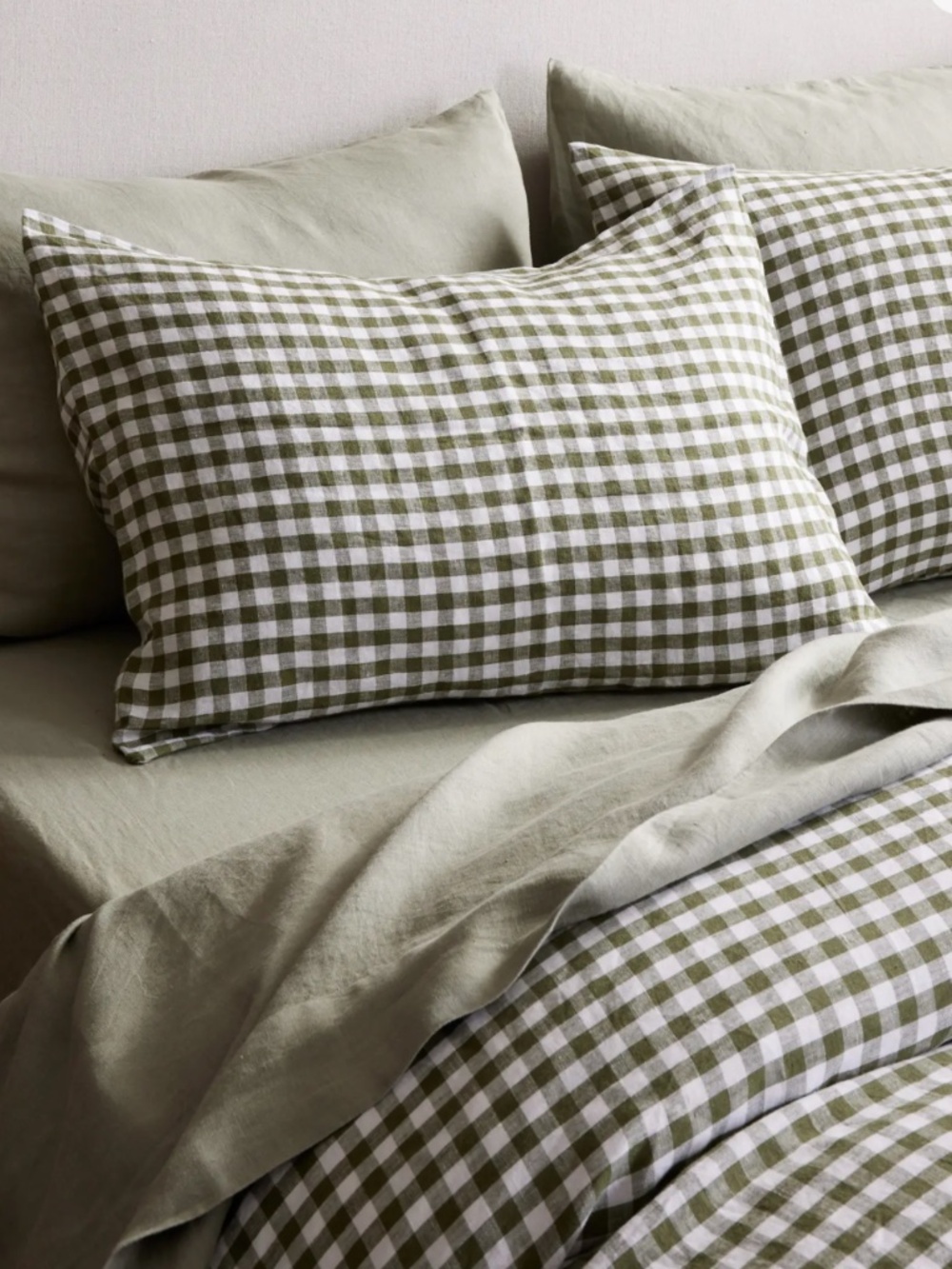 New Organic European Linen Gingham Sham King Set of 2 Olive